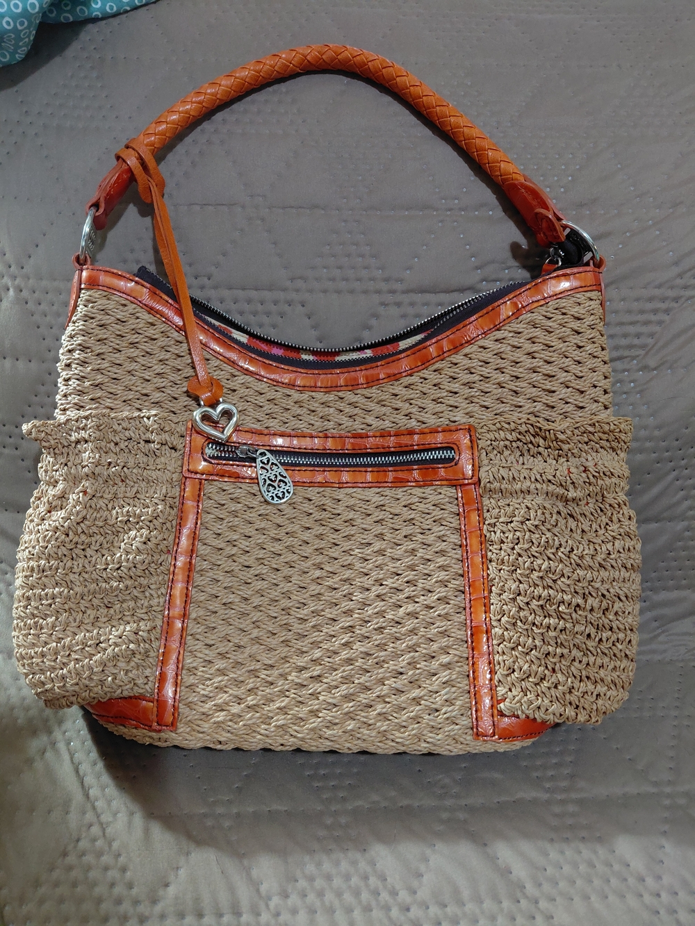 Brighton Woven Straw Shoulder Bag with Orange Trim
